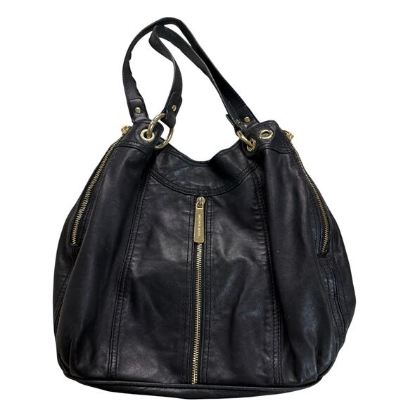 Michael Kors Black Leather Tote Shoulder Bag – Gold Hardware - Picture 1 of 8